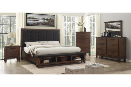 Brown tufted fabric upholstered bed front view with shelves