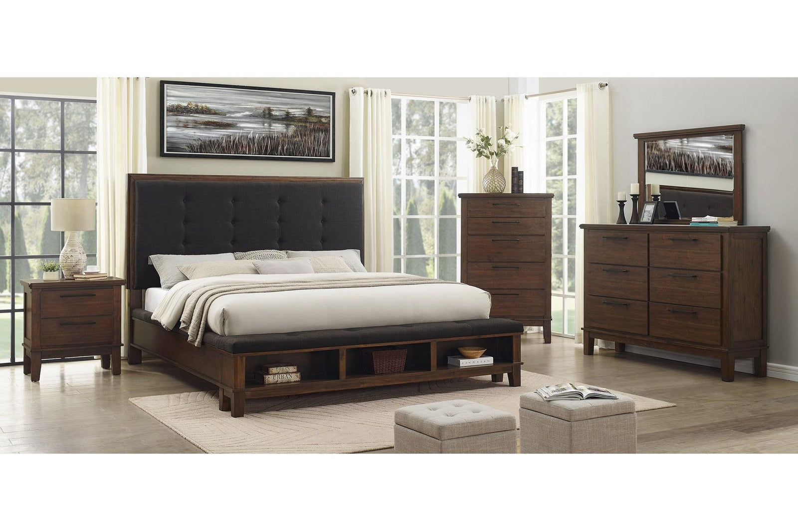 Brown Modern Traditional Solid Wood Veneers Fabric Upholstered Tufted Shelves Bedroom Set - Ella Furniture