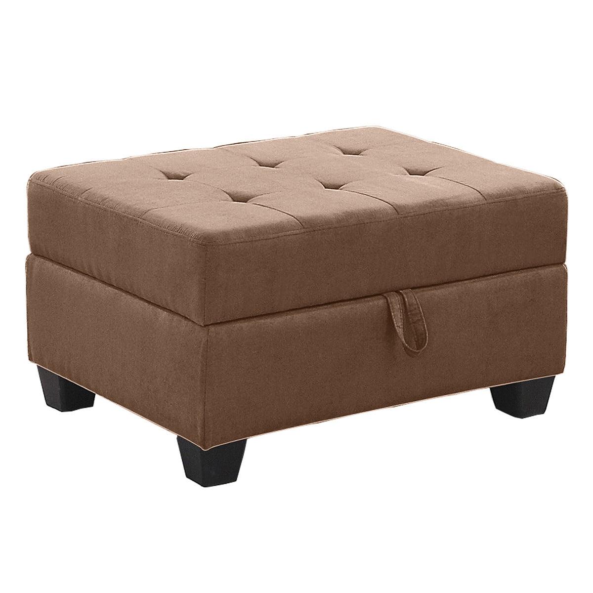 Side view of chocolate fabric tufted storage ottoman