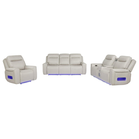 Rojas 3-Piece Dual Power Reclining Sofa Set with Drop-Down Console Greige — product view