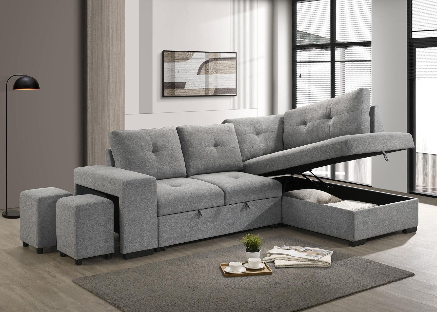 Close-up of tufted cushions on Roanne sleeper sectional sofa