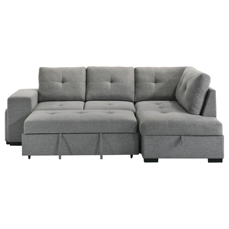 Roanne grey fabric upholstered sleeper sectional sofa angled view with chaise