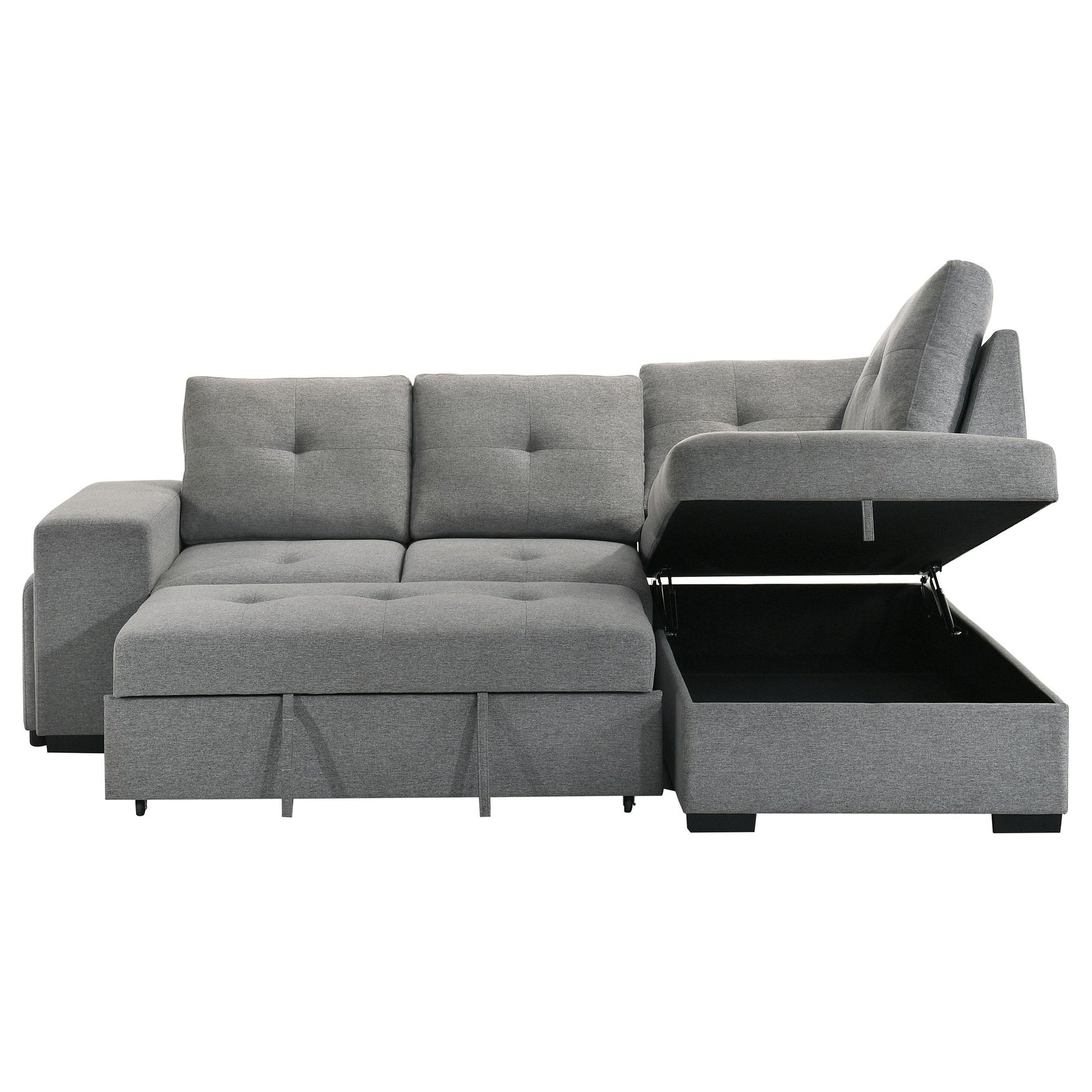 Roanne grey fabric upholstered sleeper sectional sofa angled view with chaise