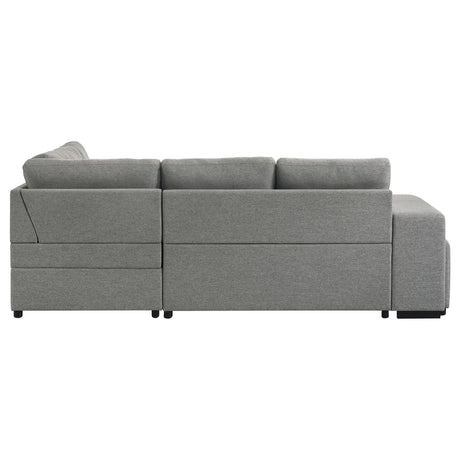 Roanne grey fabric upholstered sleeper sectional sofa angled view with chaise