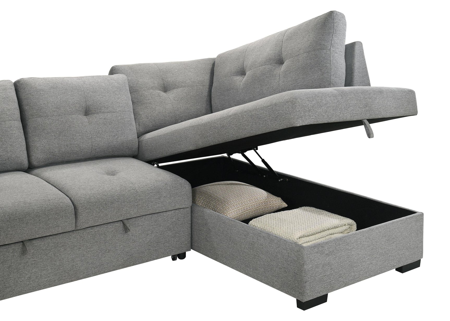 Roanne grey fabric upholstered sleeper sectional sofa angled view with chaise