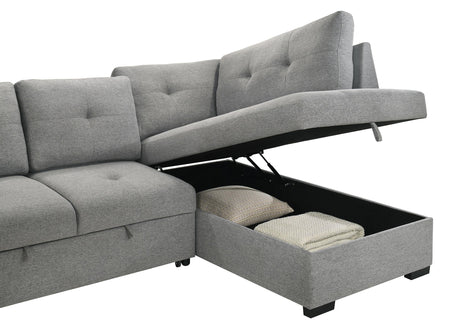 Roanne grey fabric upholstered sleeper sectional sofa angled view with chaise