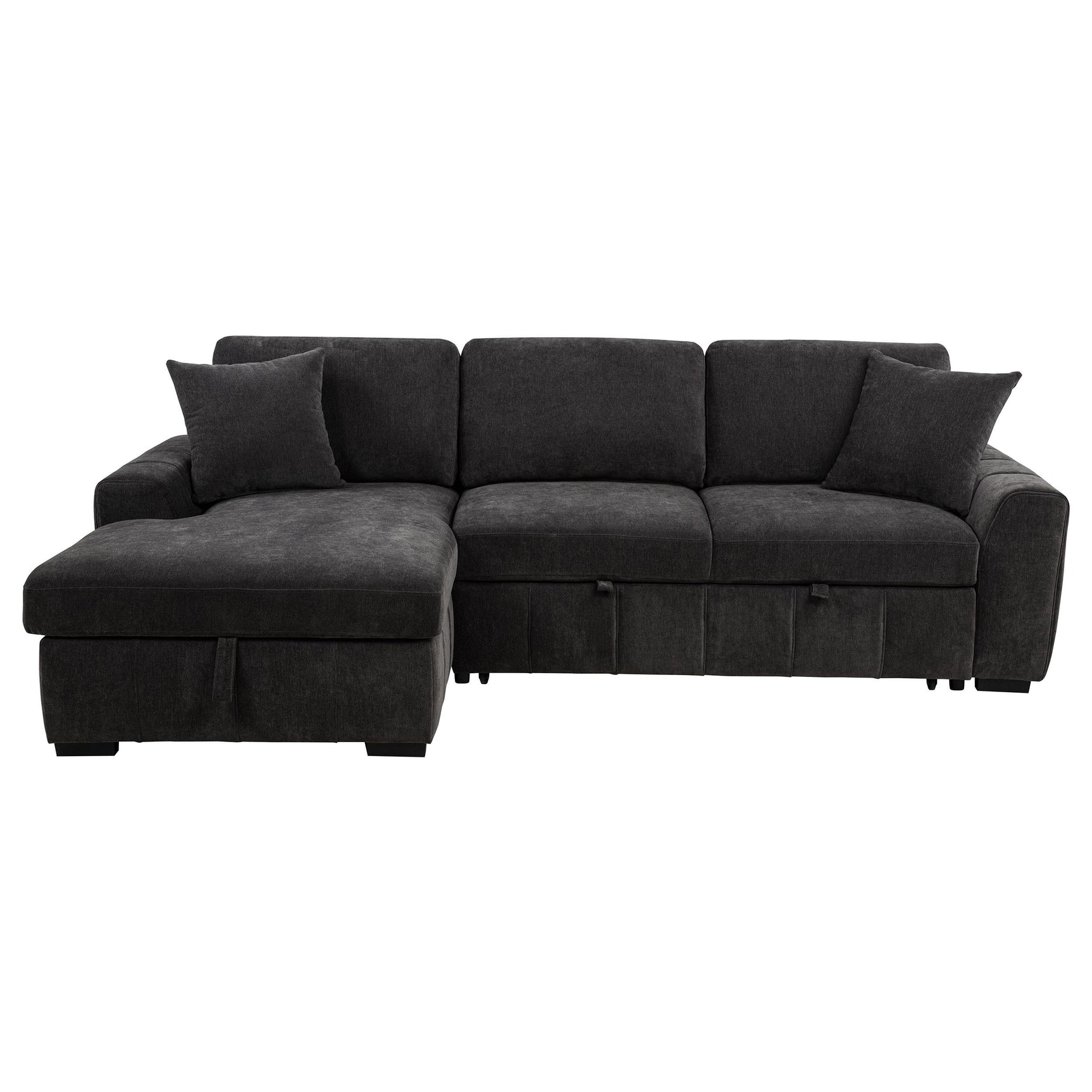 Close-up of charcoal grey fabric upholstery and tufting