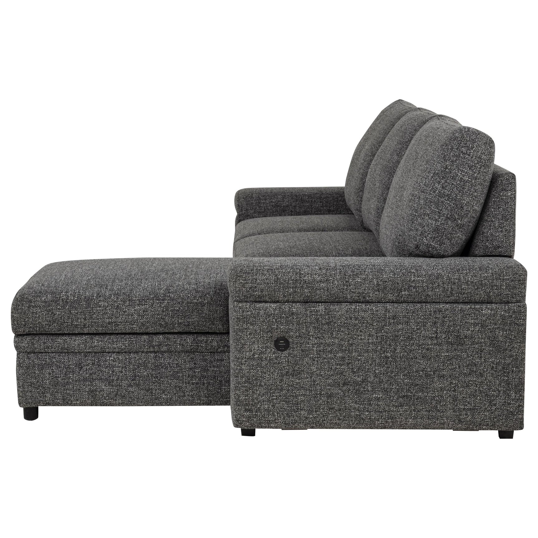 Chaise storage compartment open showing space for throws