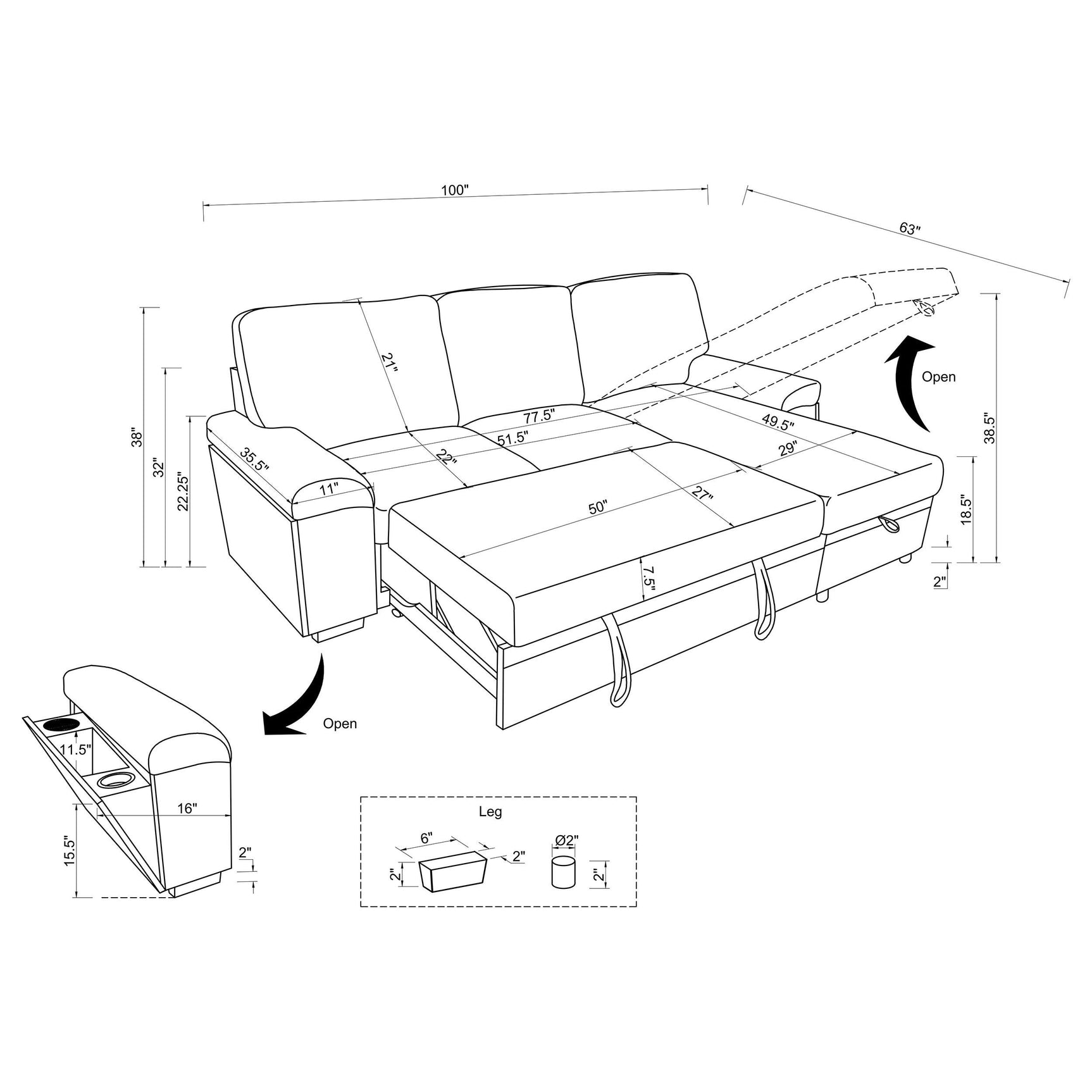 Open chaise storage with throw blankets