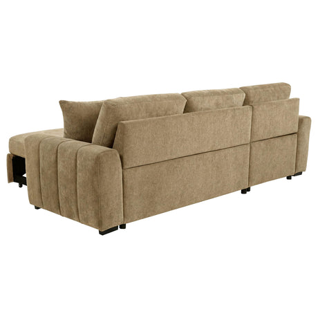 Plastic legs and brown stitching on camel fabric sofa
