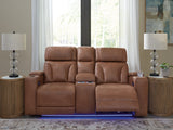Clean-Slate Caramel Faux Leather Power Reclining Loveseat with Console
