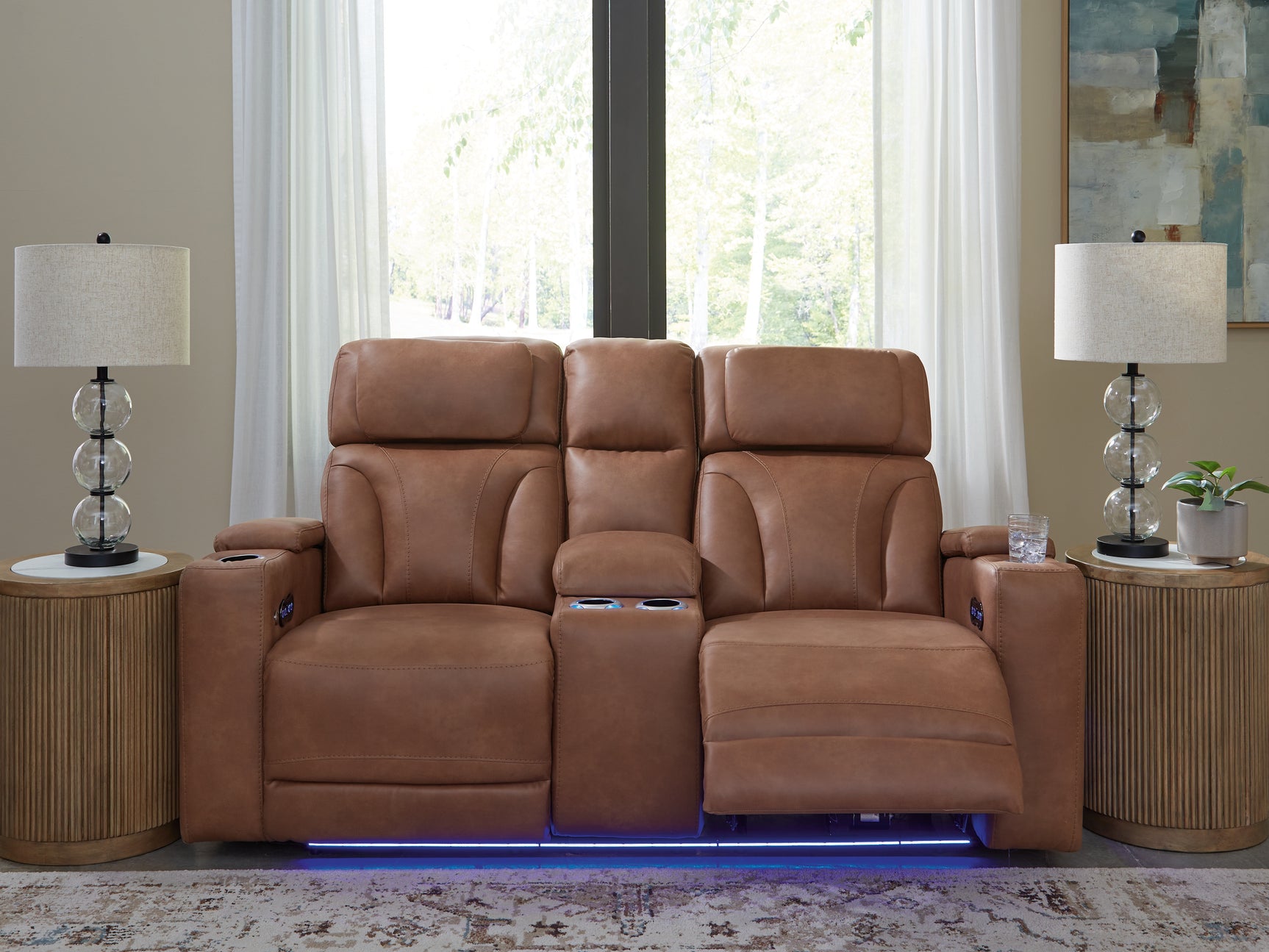 Clean-Slate Caramel Faux Leather Power Reclining Loveseat with Console