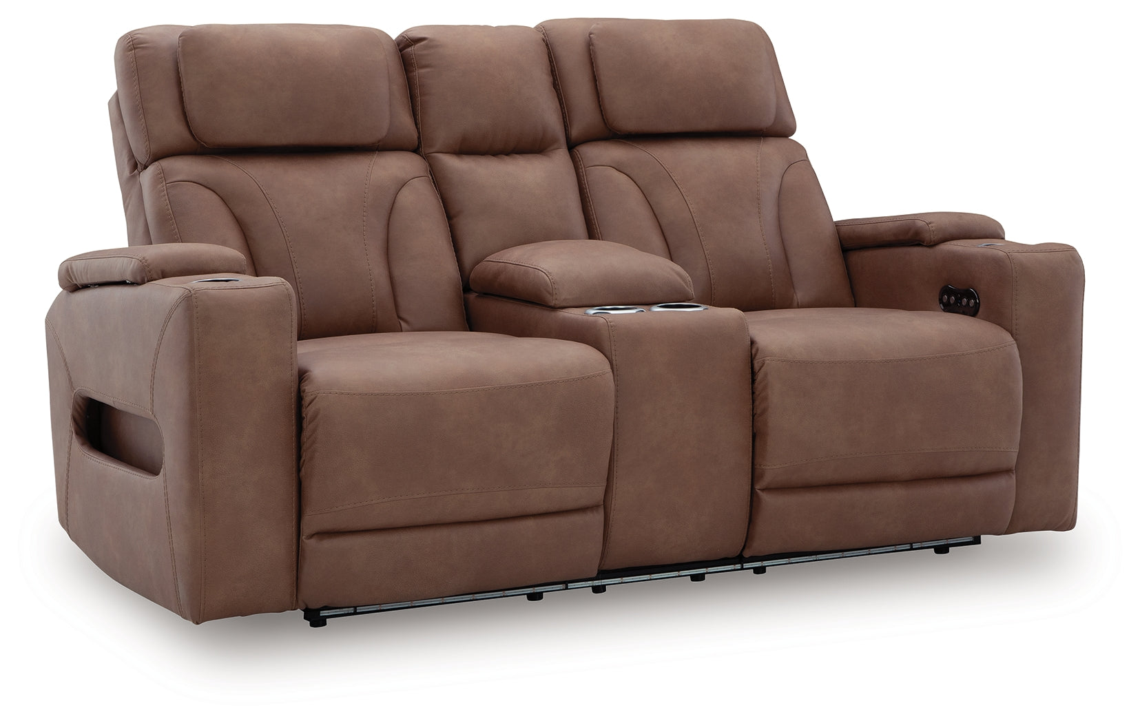 Clean-Slate Caramel Faux Leather Power Reclining Loveseat with Console