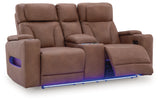 Clean-Slate Caramel Faux Leather Power Reclining Loveseat with Console