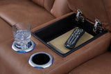 Clean-Slate Caramel Faux Leather Power Reclining Loveseat with Console