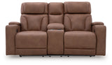 Clean-Slate Caramel Faux Leather Power Reclining Loveseat with Console