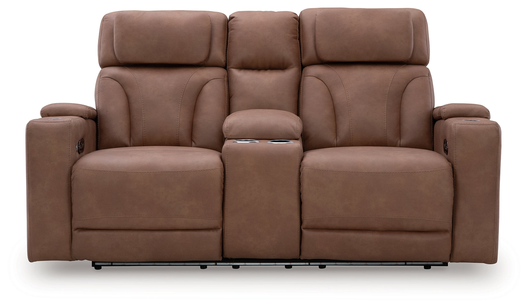 Clean-Slate Caramel Faux Leather Power Reclining Loveseat with Console