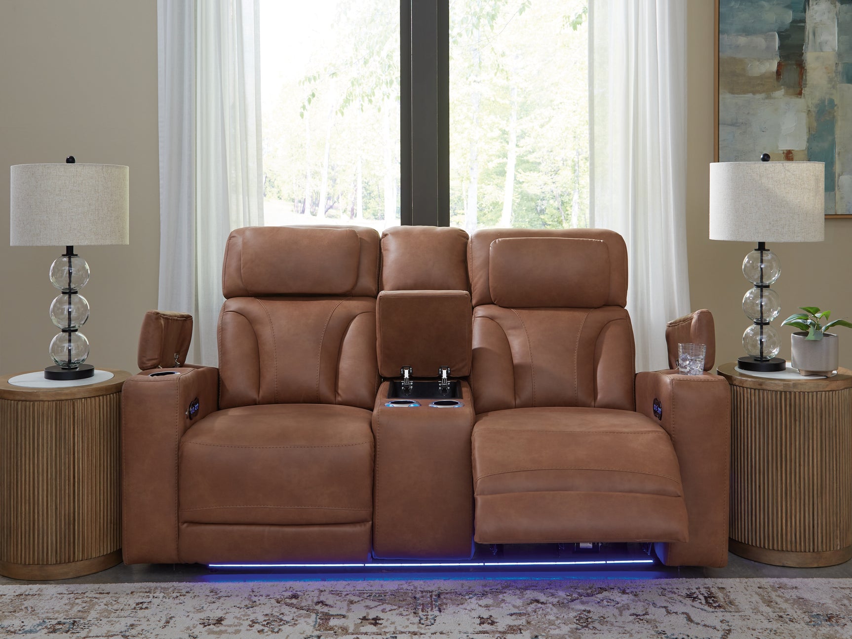 Clean-Slate Caramel Faux Leather Power Reclining Loveseat with Console