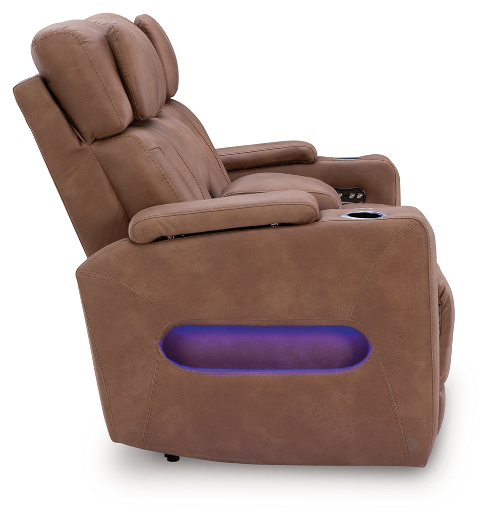 Clean-Slate Caramel Faux Leather Power Reclining Loveseat with Console