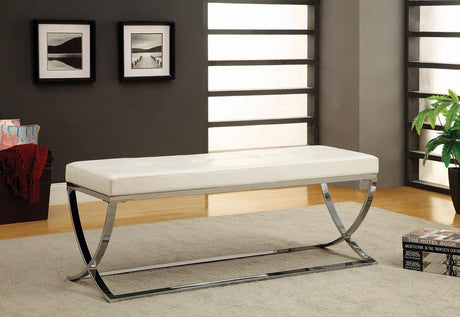 Walton white upholstered bench with chrome metal base front view