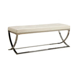 Side view of Walton white bench with tufted seat and chrome legs