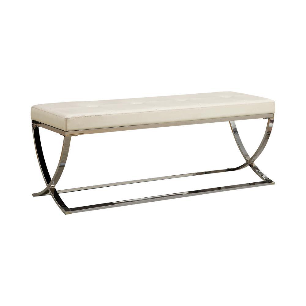 Side view of Walton white bench with tufted seat and chrome legs