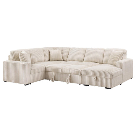 Devonshire Sleeper Sectional Sofa in camel with storage chaise, angled view
