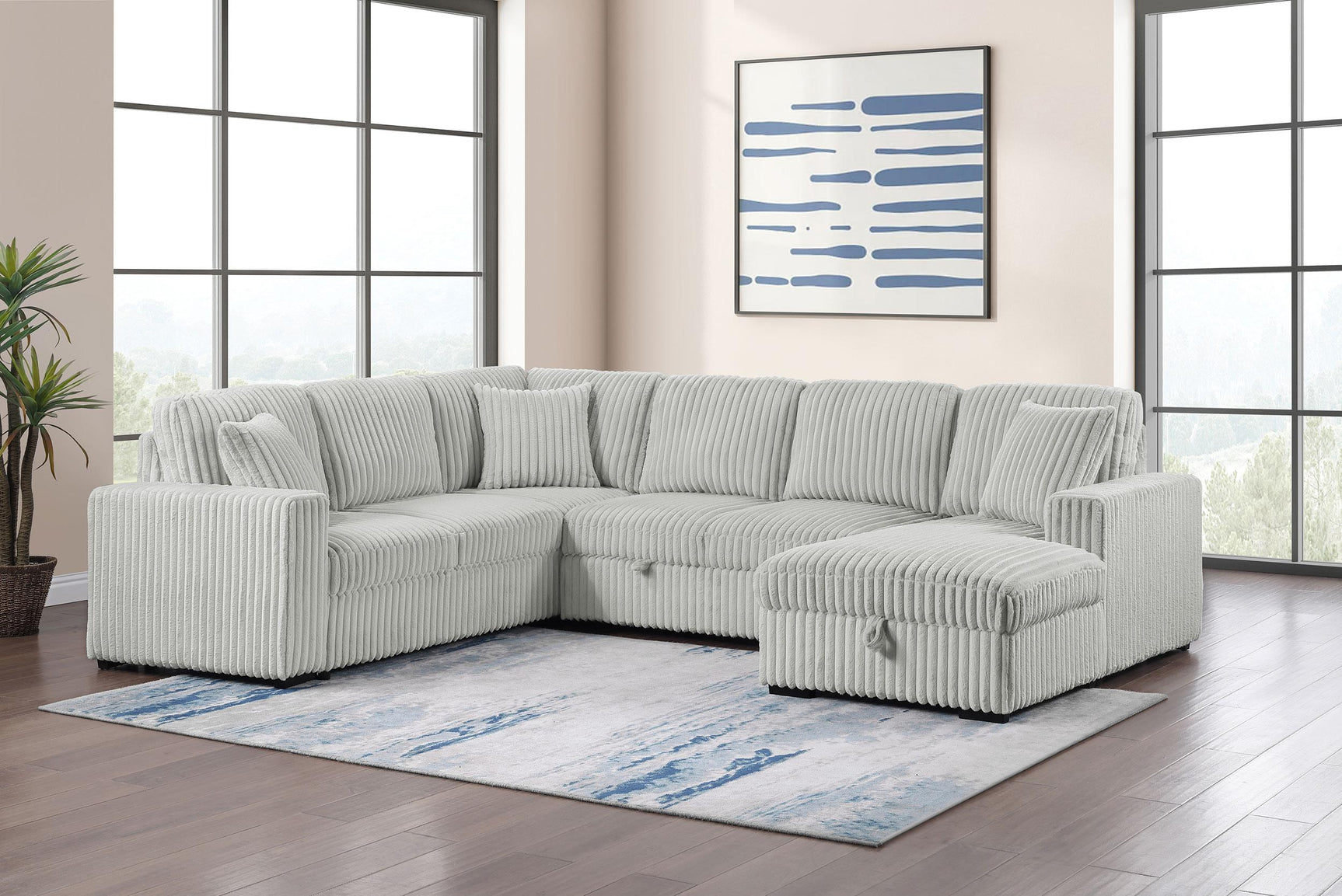 Side view of Devonshire grey sleeper sectional sofa showing chaise storage