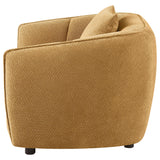 Seat cushion detail showing plush foam and chenille fabric