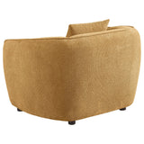 Dark brown wood legs supporting the mustard chenille chair