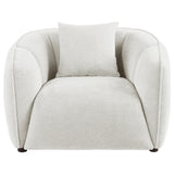 Side view of Aleisha ivory chenille upholstered accent chair with dark wood legs