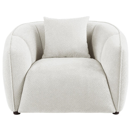 Side view of Aleisha ivory chenille upholstered accent chair with dark wood legs