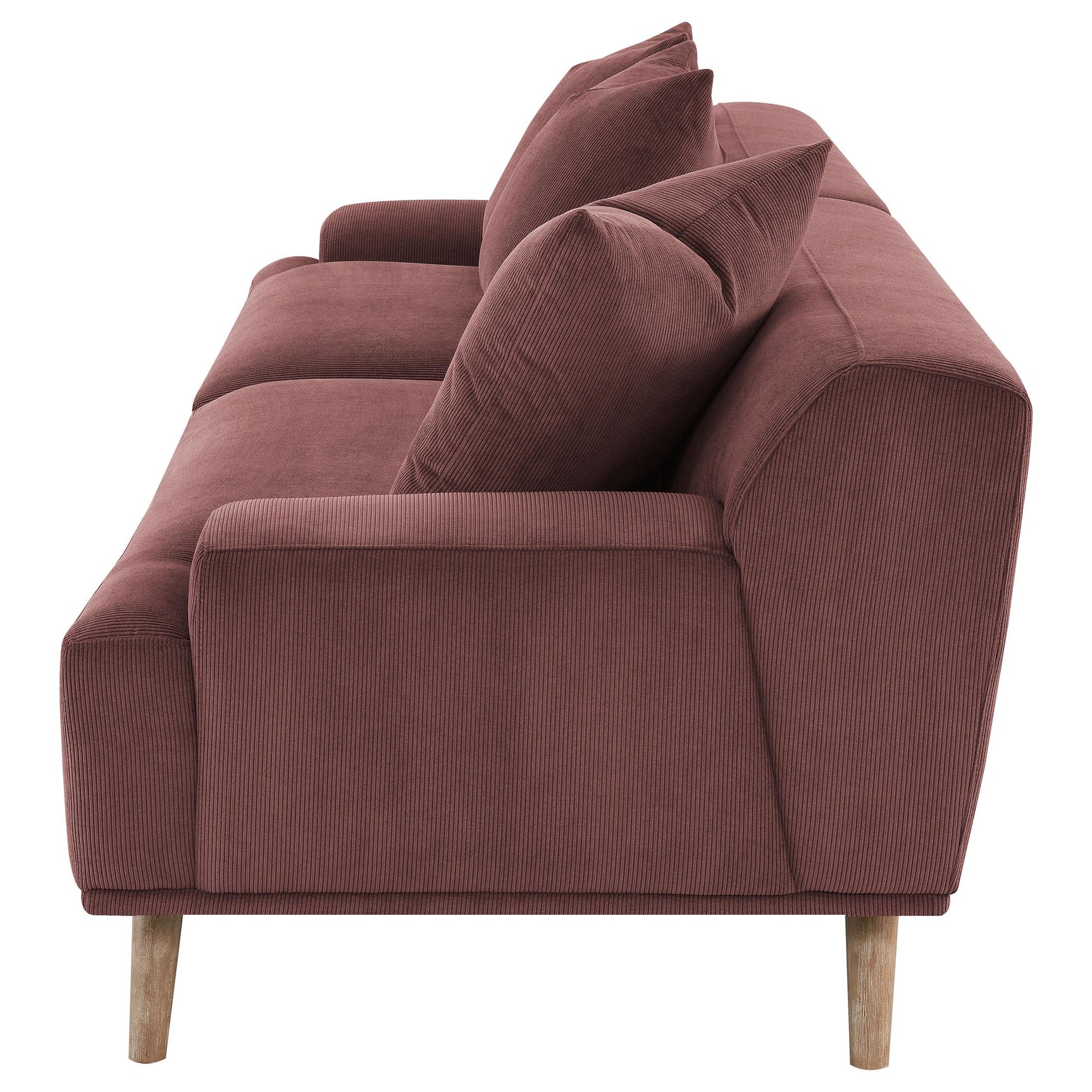 Elizabeth Corduroy Upholstered Extra Long Sofa Wine Red angled front view