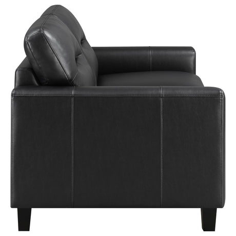Scotland 2-piece black faux leather upholstered sofa set corner detail