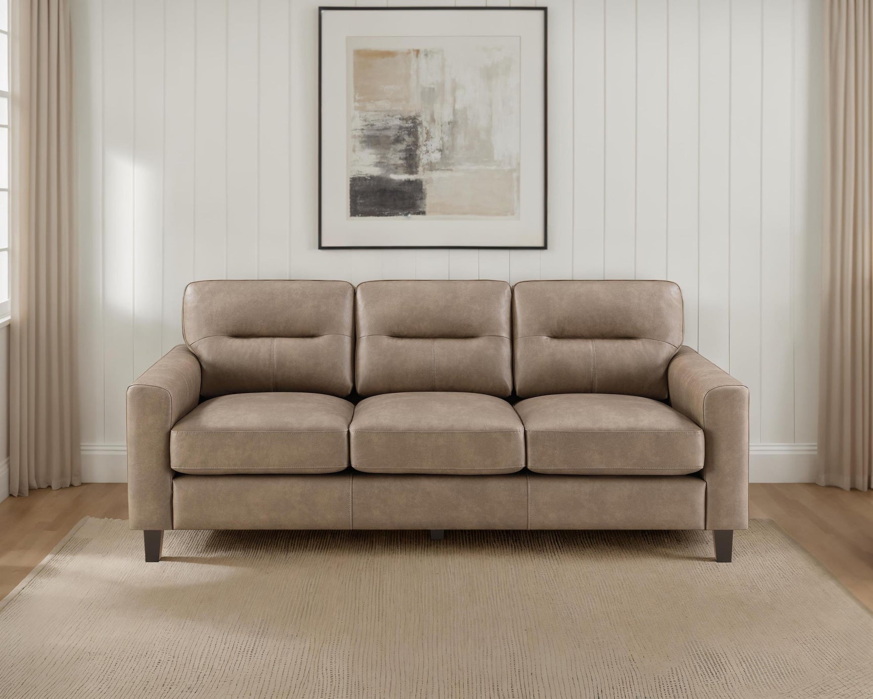 Scotland brown faux leather upholstered track arm sofa side view