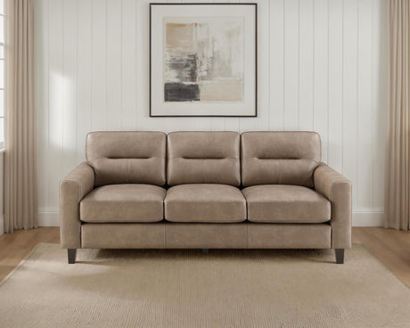 Scotland brown faux leather upholstered track arm sofa side view