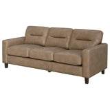 Scotland brown faux leather track arm sofa angled front view