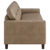 Side angle of Scotland brown faux leather sofa