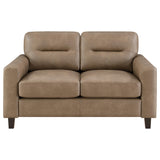 Close-up of Scotland loveseat brown leatherette upholstery