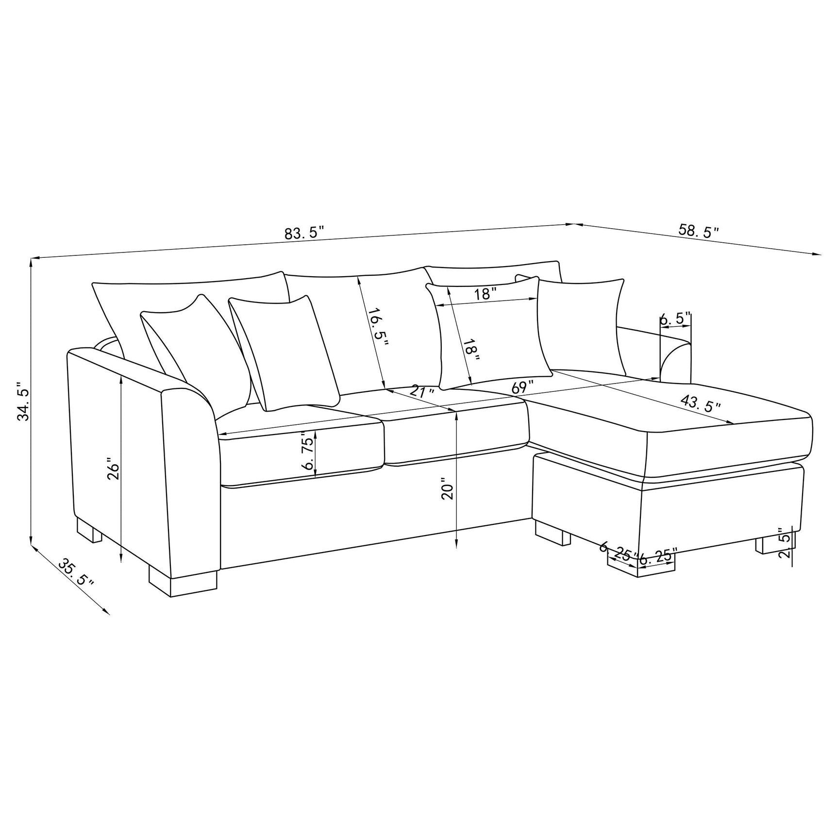 Storey dark grey upholstered sleeper sectional chaise sofa front view