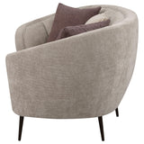 Ellorie upholstered beige curved channel back sofa front angle