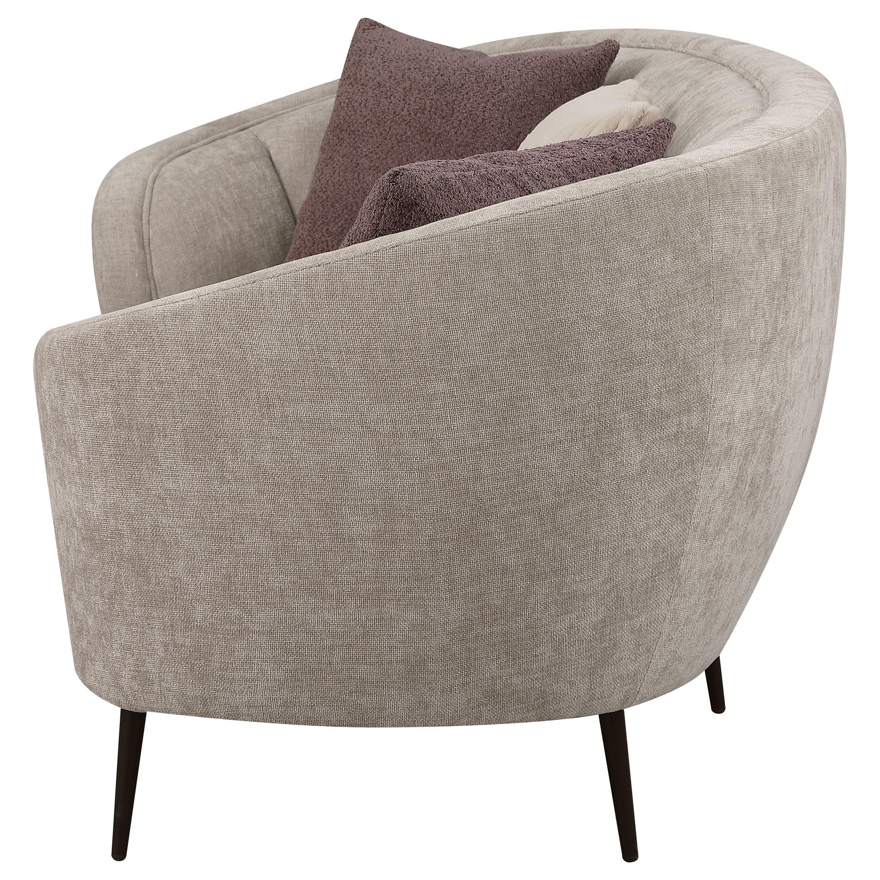 Ellorie upholstered beige curved channel back sofa front angle