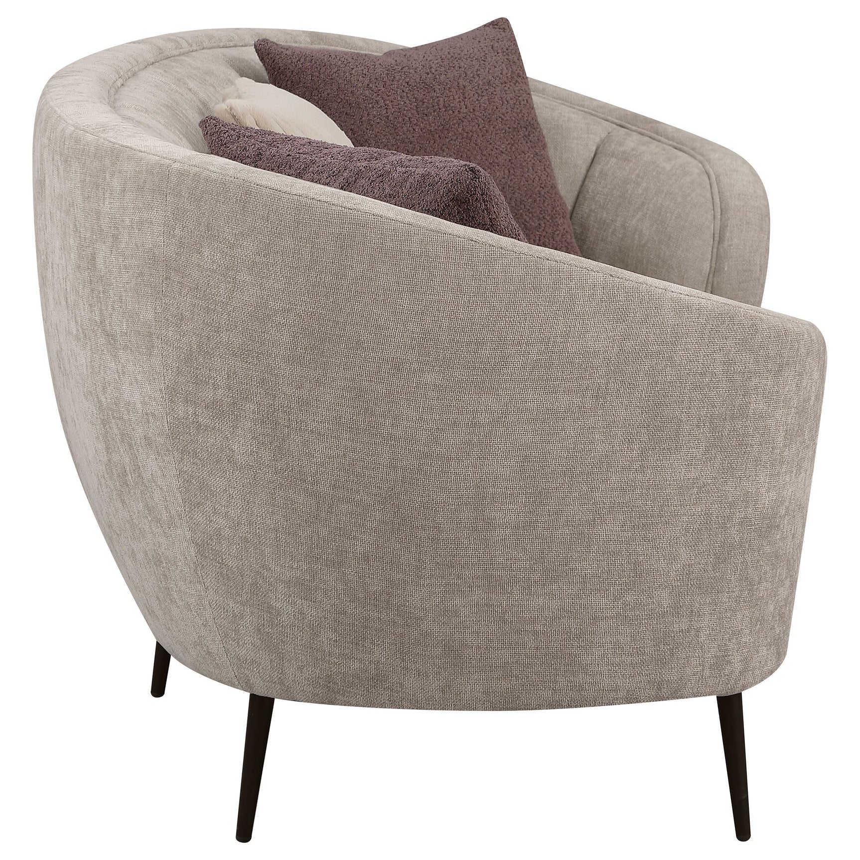 Ellorie upholstered beige curved channel back sofa full front view