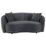 Side perspective of dark grey velvet sofa set