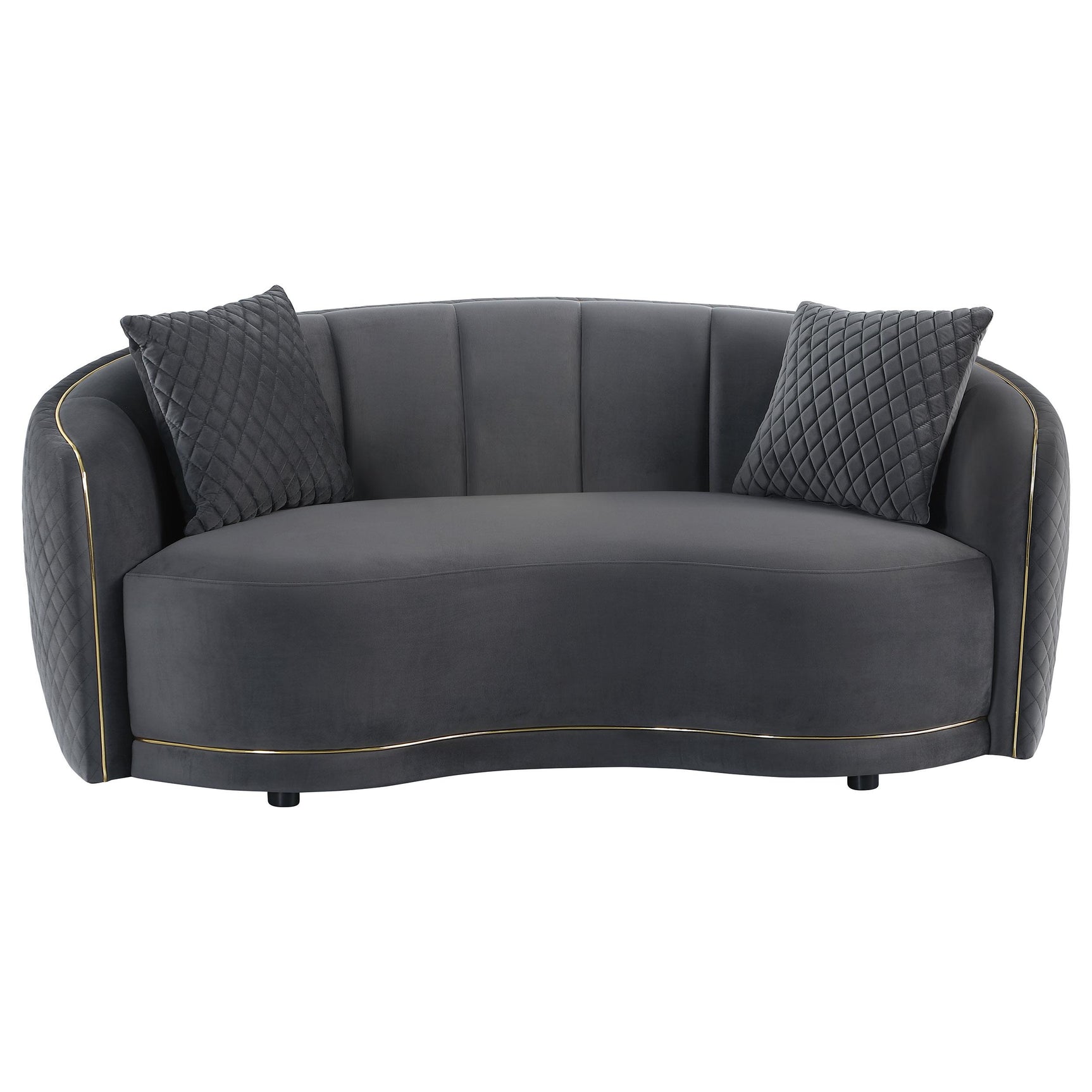 Side perspective of dark grey velvet sofa set