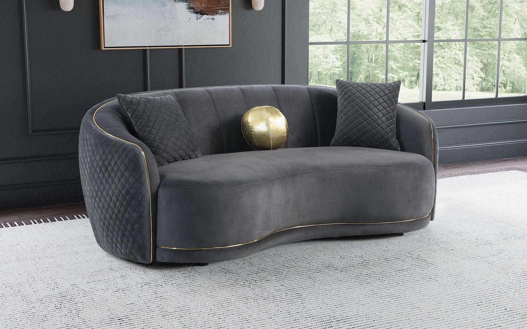 Side view of Brookside dark grey velvet curved upholstered sofa