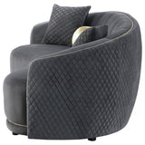 Side perspective of Brookside dark grey velvet curved sofa
