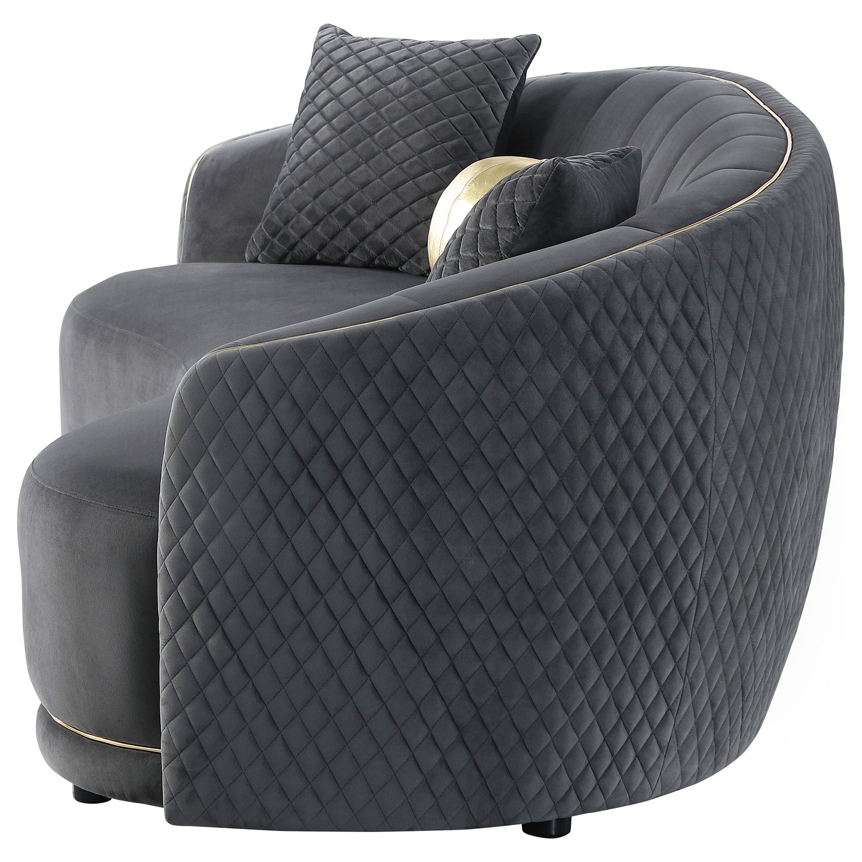 Side perspective of Brookside dark grey velvet curved sofa