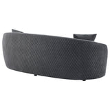Main front view of Brookside curved velvet sofa in dark grey