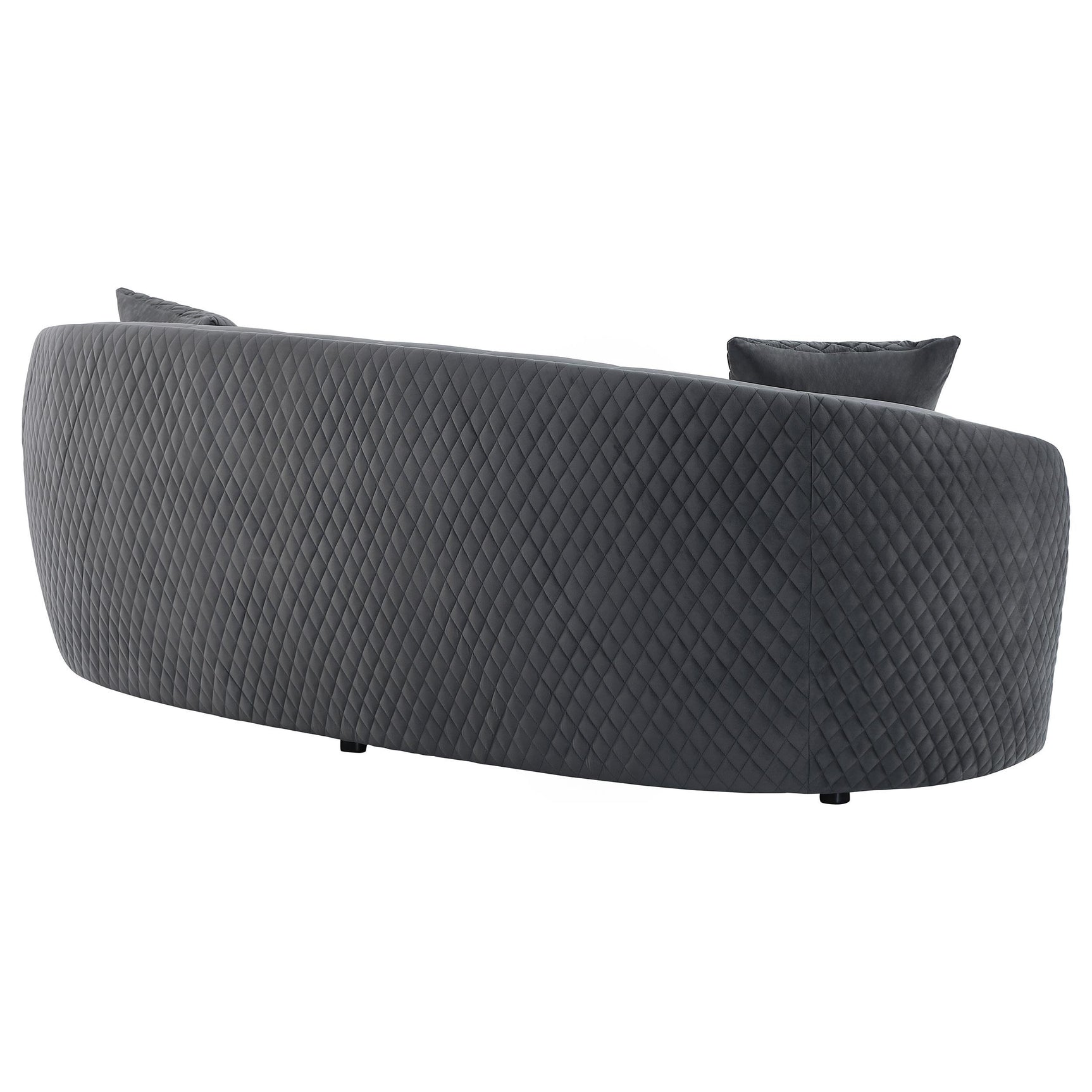 Main front view of Brookside curved velvet sofa in dark grey